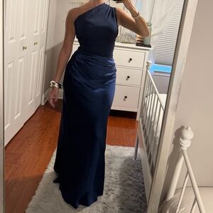 Aware Barcelona Kaia dress in dark blue satin one shoulder